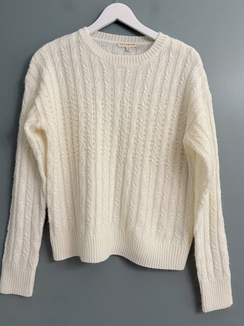 Retrology Pearl Embellished Cable Knit Sweater Cream Ivory Medium